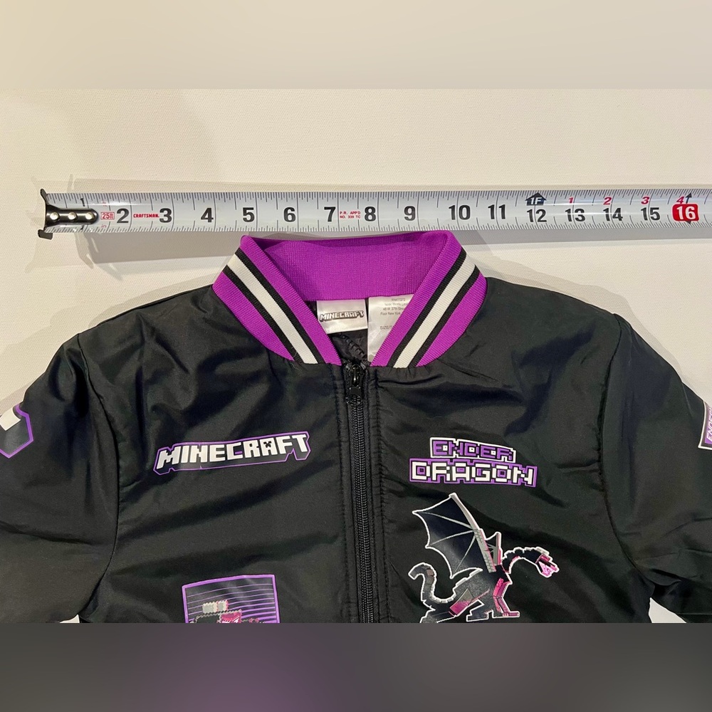 Minecraft Ender Dragon Bomber Jacket Kids Black and Purple Puffer Size 7 Unique - Picture 6 of 12